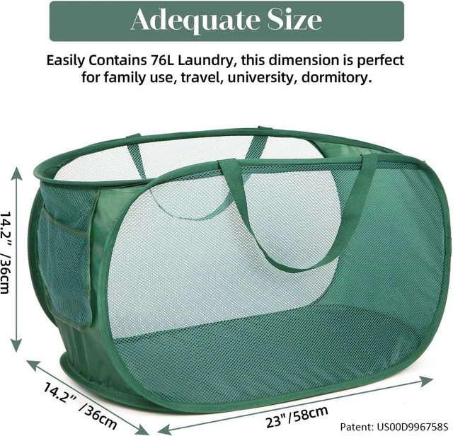 Alt view image 6 of 7 - Sturdy Mesh Pop Up Laundry Hamper, Collapsible Laundry Baskets with Side Pocket, Foldable Clothes Hamper with Reinforced Carry Handles for Laundry, Bathroom, Kids Room, Dorm or Travel Emerald