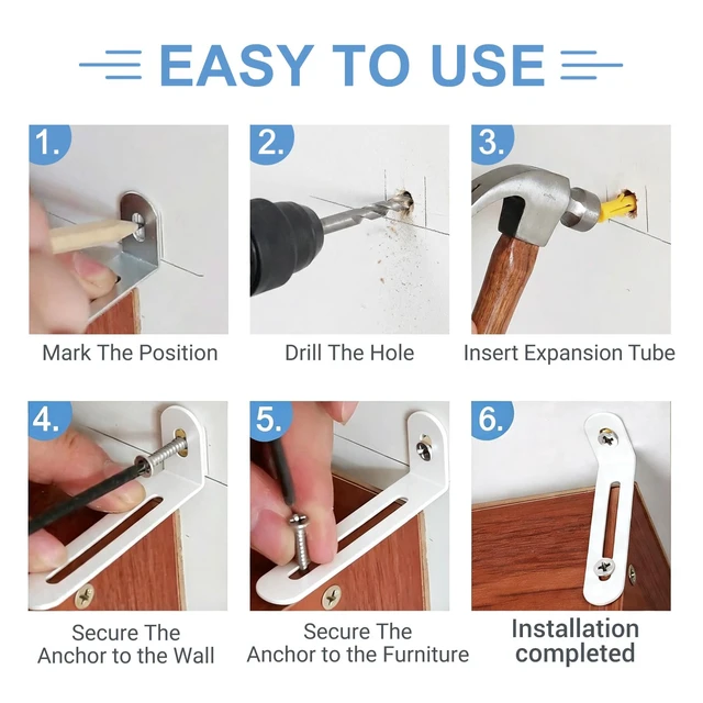 Alt view image 5 of 7 - Anti Tip Furniture Anchors, Steel Wall Anchors, 12 Pack,White | Furniture wall anchors help secure dressers, cabinets and bookcases for baby and pet safety with quick, easy installation.