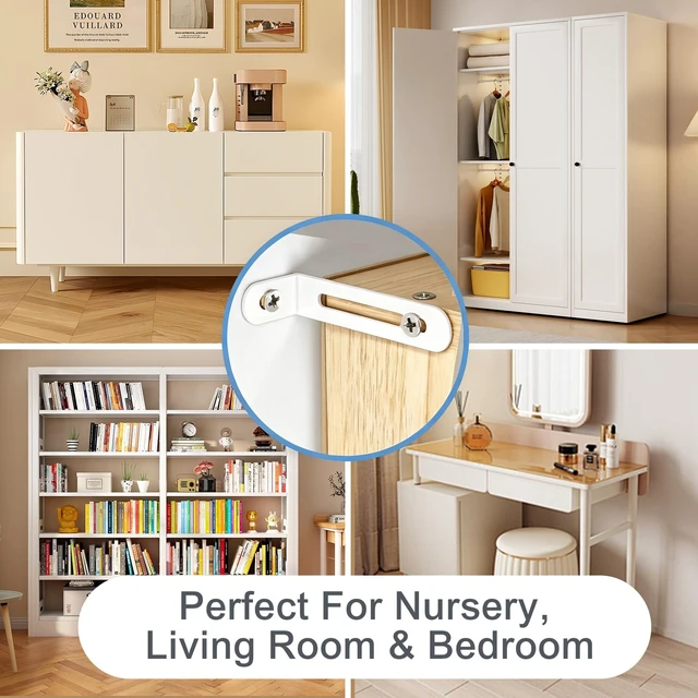 Alt view image 6 of 7 - Anti Tip Furniture Anchors, Steel Wall Anchors, 12 Pack,White | Furniture wall anchors help secure dressers, cabinets and bookcases for baby and pet safety with quick, easy installation.