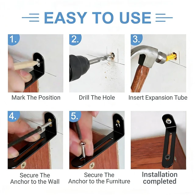 Alt view image 5 of 7 - Anti Tip Furniture Anchors, Steel Wall Anchors, 12 Pack, Black | Furniture wall anchors help secure dressers, cabinets and bookcases for baby and pet safety with quick, easy installation.