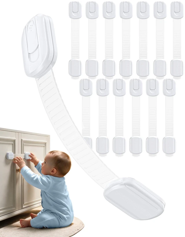 Main image of Cabinet Locks Baby Proofing - 14 Pack Child Safety Latches White | No drill 3M adhesive, Easy to install No damage, Adjustable length, Material safety, Suitable for drawers, fridge, cupboard