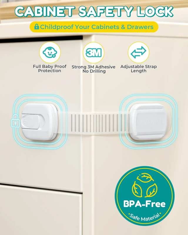 Alt view image 2 of 7 - Cabinet Locks Baby Proofing - 14 Pack Child Safety Latches White | No drill 3M adhesive, Easy to install No damage, Adjustable length, Material safety, Suitable for drawers, fridge, cupboard