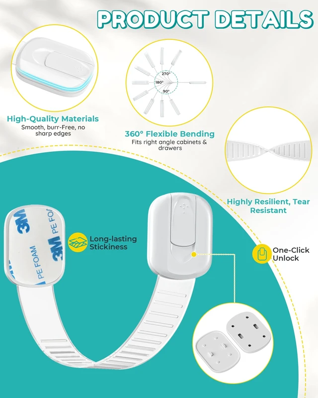 Alt view image 4 of 7 - Cabinet Locks Baby Proofing - 14 Pack Child Safety Latches White | No drill 3M adhesive, Easy to install No damage, Adjustable length, Material safety, Suitable for drawers, fridge, cupboard