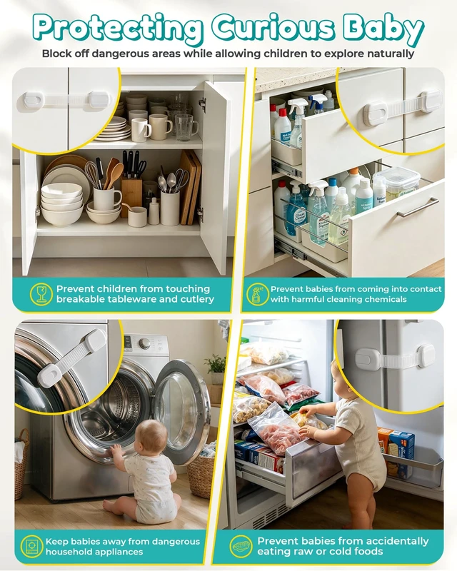 Alt view image 5 of 7 - Cabinet Locks Baby Proofing - 14 Pack Child Safety Latches White | No drill 3M adhesive, Easy to install No damage, Adjustable length, Material safety, Suitable for drawers, fridge, cupboard