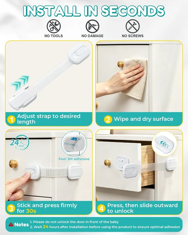 Alt view image 7 of 7 - Cabinet Locks Baby Proofing - 14 Pack Child Safety Latches White | No drill 3M adhesive, Easy to install No damage, Adjustable length, Material safety, Suitable for drawers, fridge, cupboard