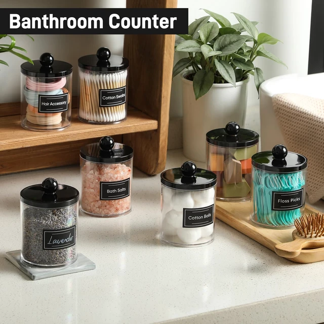 Alt view image 4 of 7 - 6 Pack Acrylic Qtip Holder Dispenser for Cotton Swabs, Balls, Pads, Floss - Plastic Canister Apothecary Jar Set, Bathroom Essentials Accessories Decor Vanity Makeup Storage Organizer - Clear & Black