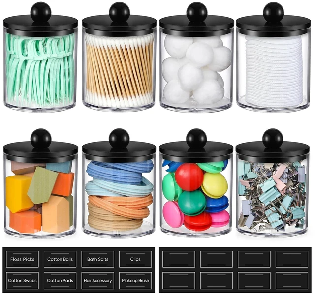 Main image of 8 Pack Acrylic Qtip Holder Dispenser for Cotton Swabs, Balls, Pads, Floss - Plastic Canister Apothecary Jar Set, Bathroom Essentials Accessories Decor Vanity Makeup Storage Organizer - Clear & Black
