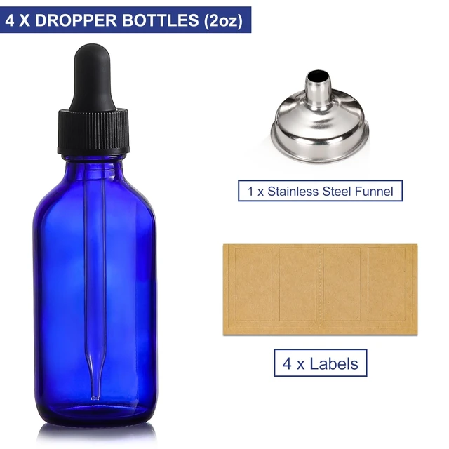 Alt view image 2 of 7 - 4 Pack, 2 oz Dropper Bottles with 1 Funnel & 4 Labels - 60ml Thick Dark Blue Glass Tincture Bottles with Eye Droppers - Leakproof Essential Oils Bottle for Health, Personal Care & Beauty