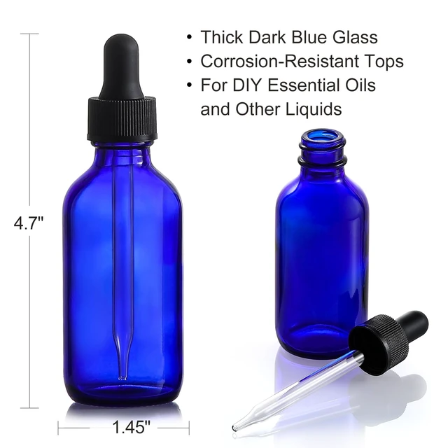 Alt view image 3 of 7 - 4 Pack, 2 oz Dropper Bottles with 1 Funnel & 4 Labels - 60ml Thick Dark Blue Glass Tincture Bottles with Eye Droppers - Leakproof Essential Oils Bottle for Health, Personal Care & Beauty