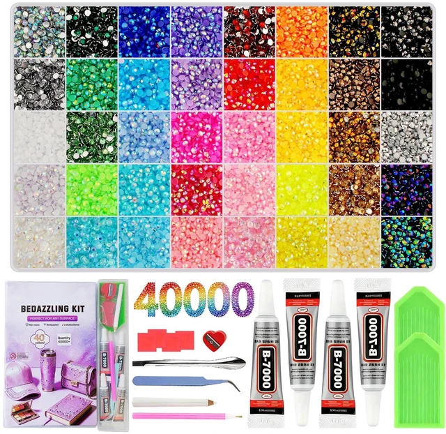 Main image of 40,000-Piece Bedazzling Kit, 40 Colors, 3mm Jelly AB Resin Rhinestones | Flatback gems with 4 B-7000 glue tubes, 40-compartment box, tweezers and trays for tumblers, phone cases and DIY crafts.