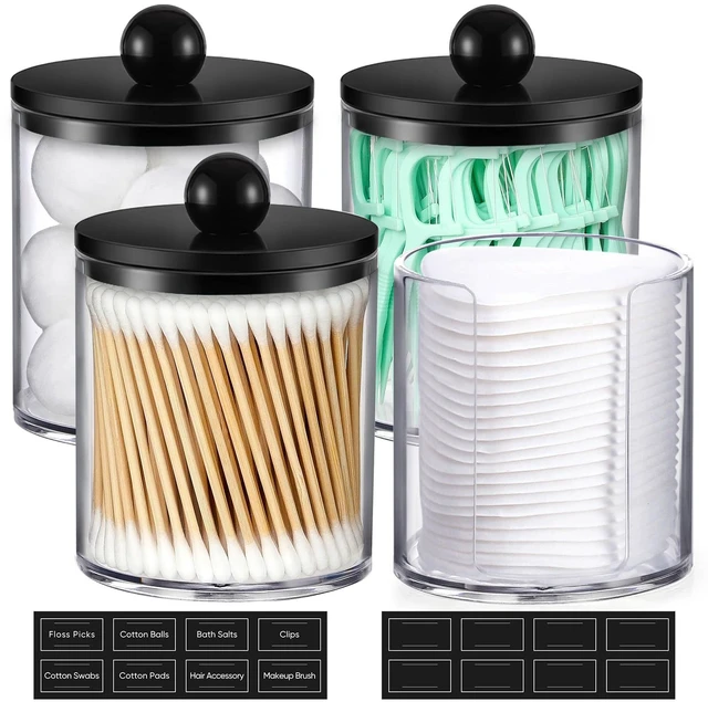 Main image of 4 Pcs, Acrylic Qtip Holder Dispenser for Cotton Swab, Ball, Round Pads, Floss Picks - Plastic Apothecary Jar Set, Bathroom Canister Decor Storage Accessories, Vanity Makeup Organizer - Clear & Black