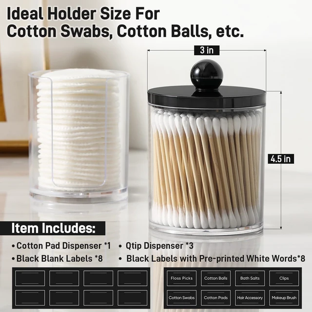 Alt view image 3 of 7 - 4 Pcs, Acrylic Qtip Holder Dispenser for Cotton Swab, Ball, Round Pads, Floss Picks - Plastic Apothecary Jar Set, Bathroom Canister Decor Storage Accessories, Vanity Makeup Organizer - Clear & Black
