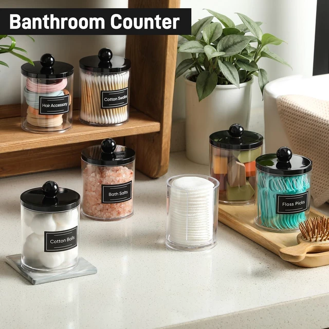 Alt view image 4 of 7 - 4 Pcs, Acrylic Qtip Holder Dispenser for Cotton Swab, Ball, Round Pads, Floss Picks - Plastic Apothecary Jar Set, Bathroom Canister Decor Storage Accessories, Vanity Makeup Organizer - Clear & Black
