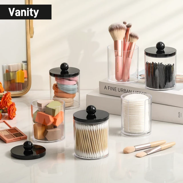 Alt view image 5 of 7 - 4 Pcs, Acrylic Qtip Holder Dispenser for Cotton Swab, Ball, Round Pads, Floss Picks - Plastic Apothecary Jar Set, Bathroom Canister Decor Storage Accessories, Vanity Makeup Organizer - Clear & Black