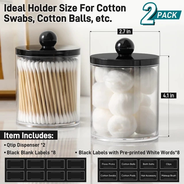 Alt view image 3 of 7 - 2 Pack Acrylic Qtip Holder Dispenser for Cotton Swabs, Balls, Pads, Floss - Plastic Canister Apothecary Jar Set, Bathroom Essentials Accessories Decor Vanity Makeup Storage Organizer - Clear & Black