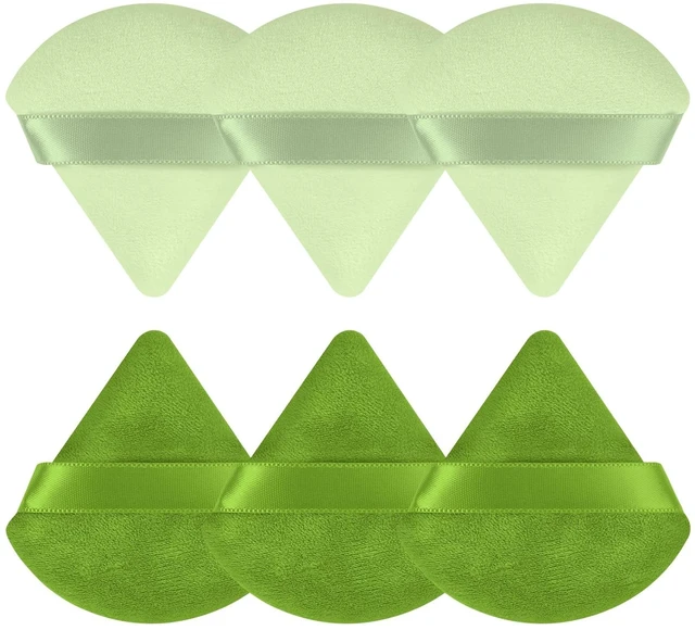 Main image of Powder Puffs, 6 Pack Triangle and Round Makeup Sponge, Green | Soft Fiber, Wet & Dry Use, Washable, Hand Strap, For Loose Powder, Foundation, BB Cream and Blush