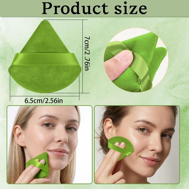Alt view image 2 of 6 - Powder Puffs, 6 Pack Triangle and Round Makeup Sponge, Green | Soft Fiber, Wet & Dry Use, Washable, Hand Strap, For Loose Powder, Foundation, BB Cream and Blush