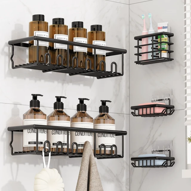 Main image of 5 Pack Adhesive Bathroom Holders & Dispensers for Kids & Adults, Black | Large Capacity No-Drilling Rustproof Shower Caddy Shelves Rack with Soap Dishes, Toothbrush Holder & Hooks
