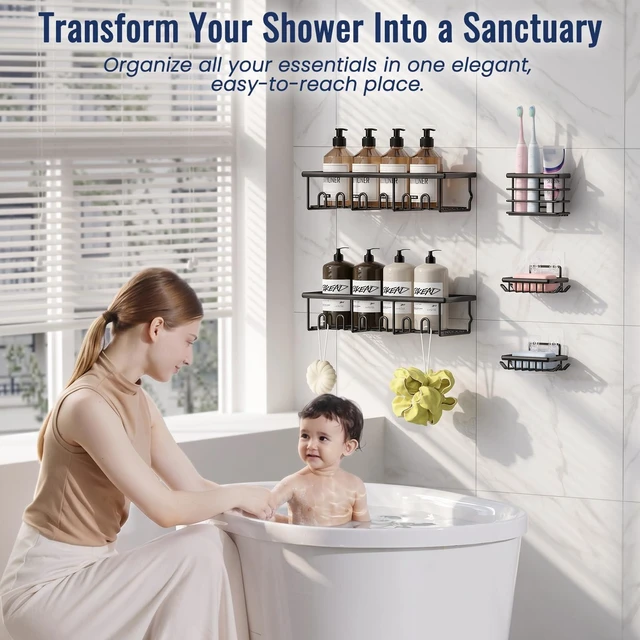 Alt view image 2 of 7 - 5 Pack Adhesive Bathroom Holders & Dispensers for Kids & Adults, Black | Large Capacity No-Drilling Rustproof Shower Caddy Shelves Rack with Soap Dishes, Toothbrush Holder & Hooks