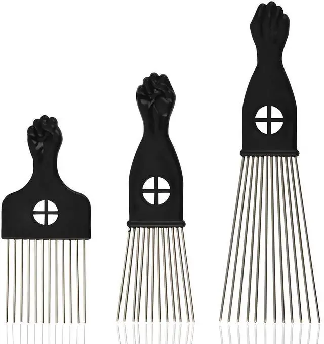 Main image of 3-Piece Stainless Steel Afro Hair Pick Set, Fist Design for Men & Women, Perfect for Natural Curly Afro Hair, Essential Hairdressing Styling Tool