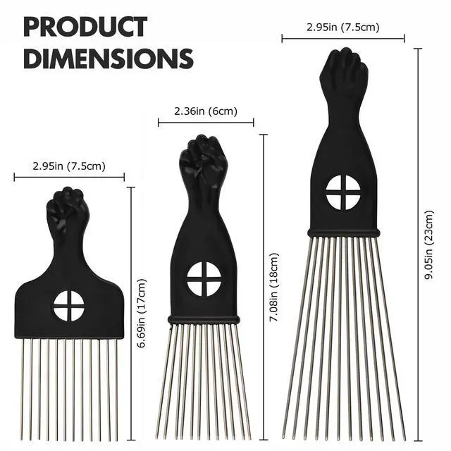 Alt view image 4 of 7 - 3-Piece Stainless Steel Afro Hair Pick Set, Fist Design for Men & Women, Perfect for Natural Curly Afro Hair, Essential Hairdressing Styling Tool