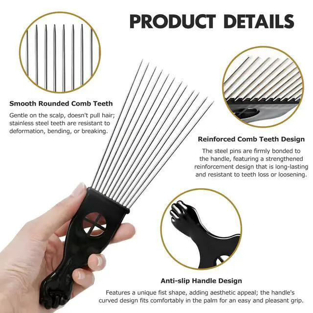 Alt view image 5 of 7 - 3-Piece Stainless Steel Afro Hair Pick Set, Fist Design for Men & Women, Perfect for Natural Curly Afro Hair, Essential Hairdressing Styling Tool
