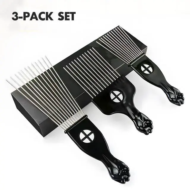 Alt view image 7 of 7 - 3-Piece Stainless Steel Afro Hair Pick Set, Fist Design for Men & Women, Perfect for Natural Curly Afro Hair, Essential Hairdressing Styling Tool