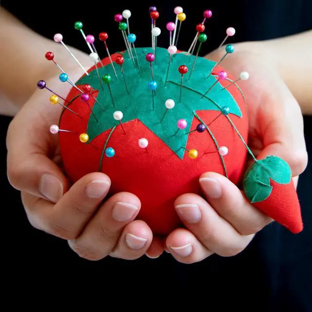 Alt view image 5 of 5 - 4 Tomato Pin Cushion with Strawberry Emery, Sewing Holder | Keep pins organized and sharp with a classic tomato cushion plus built-in strawberry emery sharpener