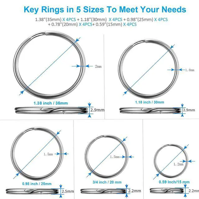 Alt view image 2 of 7 - Split Key Ring Circle Assorted, Metal Keyring Durable in 5 Sizes (Small 1/2 inch, 3/4 inch,1 inch, 1.25 inch, Large 1.38 inch), for Dog Pet Collar DIY Tag Jewelry Car Key (Sliver, Alloy Steel)