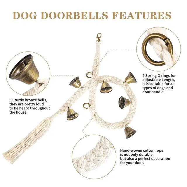 Alt view image 2 of 6 - Dog Bells to Go Outside, Cotton Handwoven Potty Training Bell | Dog Doorbell with 6 Extra Loud Bells for Dog Training, Adjustable Hanging Door Bell for Small Medium Large Dogs