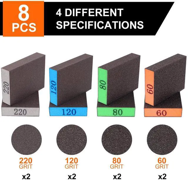 Alt view image 3 of 7 - 8-Pack Sandpaper Block, Four Grits Per Pack 60/80/120/220, Washable and Reusable Handmade Sanding Sponge, Drywall Sandpaper Blocks for Wooden Drywall Sheetrock and Metal Glazing