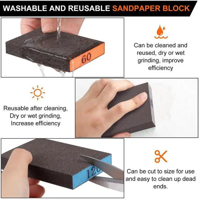 Alt view image 5 of 7 - 8-Pack Sandpaper Block, Four Grits Per Pack 60/80/120/220, Washable and Reusable Handmade Sanding Sponge, Drywall Sandpaper Blocks for Wooden Drywall Sheetrock and Metal Glazing