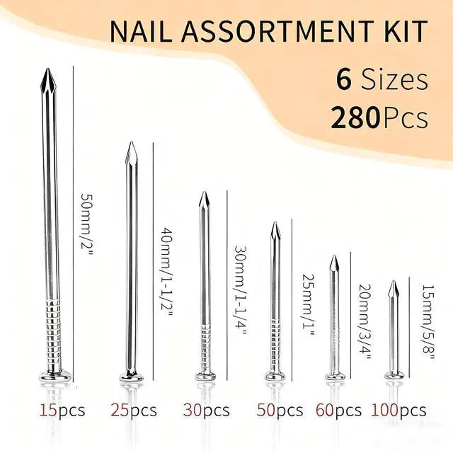 Alt view image 2 of 6 - 280 Pcs Nail Assortment Kit, 6 Sizes Finishing Nails for Hanging Pictures, Maximum Length 2 Inches Galvanized, Long and Small Nails for Wall Art