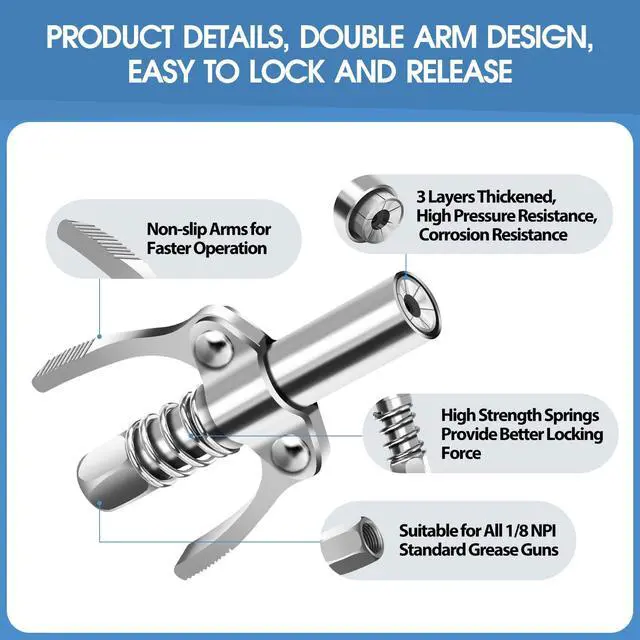 Alt view image 5 of 7 - Locking Grease Gun Coupler, 12000 PSI, 6-Jaw Quick Release Tip | Dual-handle quick release improves control, while 6 thickened jaws grip Zerk fittings; supports 1/8"-27 NPT grease guns.