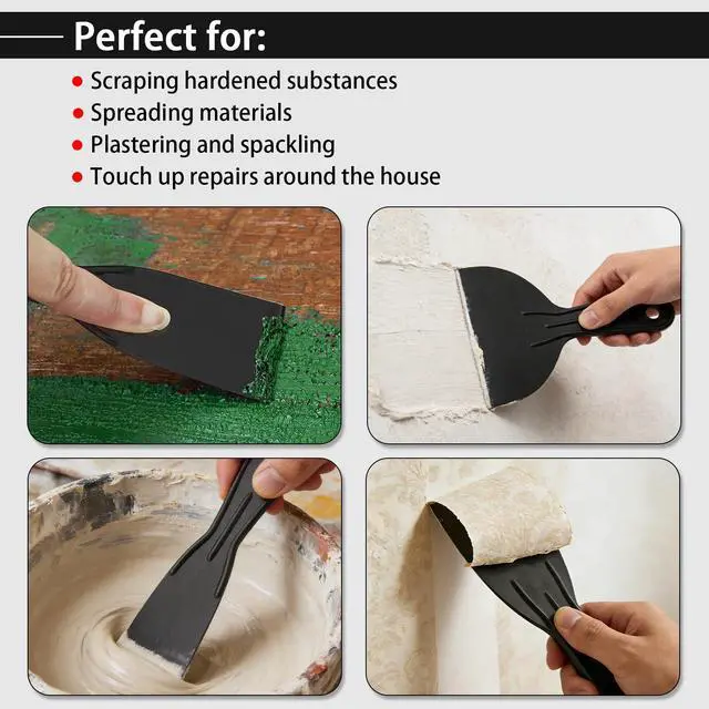 Alt view image 7 of 7 - Plastic Putty Knife Set - 3Pcs Black Plastic Scraper Tool, 1.5"/3"/6" Sizes Spackle Knife for Spackling, Painting, Drywall, Arts and Crafts, Tile Jobs, Tamale Making