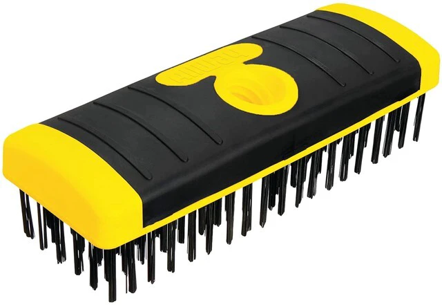 Main image of Carbon Steel Wire Scrub Brush Block | Soft-Grip, Threaded Pole Socket, Chemical and Solvent Resistant Bristles