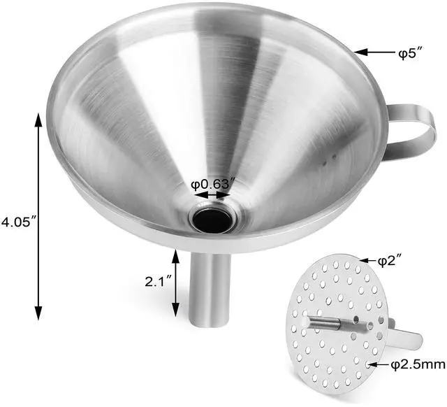 Alt view image 3 of 7 - Stainless Steel Funnel with Detachable Strainer Filter, 5-Inch, Silver, Heavy-Duty Kitchen Funnel for Liquids, Oils, Sauces, Broths, and Canning