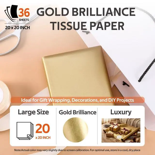 Alt view image 2 of 6 - 36 Sheets Gold Tissue Paper for Gift Bags, 20 x 20 Inch Shiny Metallic Wrapping Paper for Christmas Weddings Birthdays and Crafts