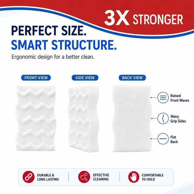 Alt view image 6 of 7 - 3X Density Magic Sponge Eraser, 10 Pack Cleaning Sponge for Kitchen & Bath | 3X density foam, Extra durable sponge, Ergonomic wavy grip, Deep cleaning power, Multi-surface cleaning, 10 pack value