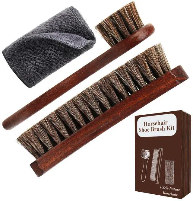 Main image of 3-Piece 100% Horse Hair Shoe Brush Kit for Leather Care Professional Dauber Applicators and Polishing Brushes with Cleaning Cloth for Leather Shoes, Boots, Bags, Jackets & Car Detailing