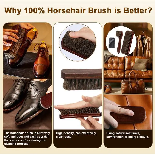 Alt view image 2 of 7 - 3-Piece 100% Horse Hair Shoe Brush Kit for Leather Care Professional Dauber Applicators and Polishing Brushes with Cleaning Cloth for Leather Shoes, Boots, Bags, Jackets & Car Detailing