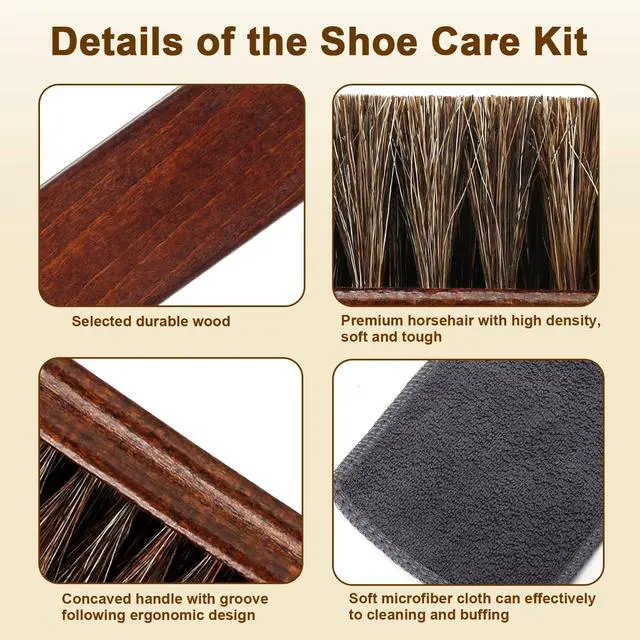 Alt view image 5 of 7 - 3-Piece 100% Horse Hair Shoe Brush Kit for Leather Care Professional Dauber Applicators and Polishing Brushes with Cleaning Cloth for Leather Shoes, Boots, Bags, Jackets & Car Detailing