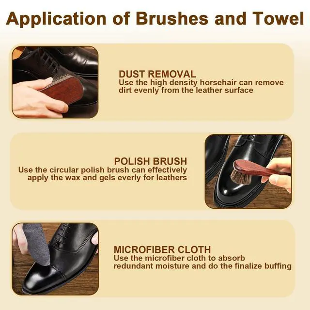 Alt view image 6 of 7 - 3-Piece 100% Horse Hair Shoe Brush Kit for Leather Care Professional Dauber Applicators and Polishing Brushes with Cleaning Cloth for Leather Shoes, Boots, Bags, Jackets & Car Detailing