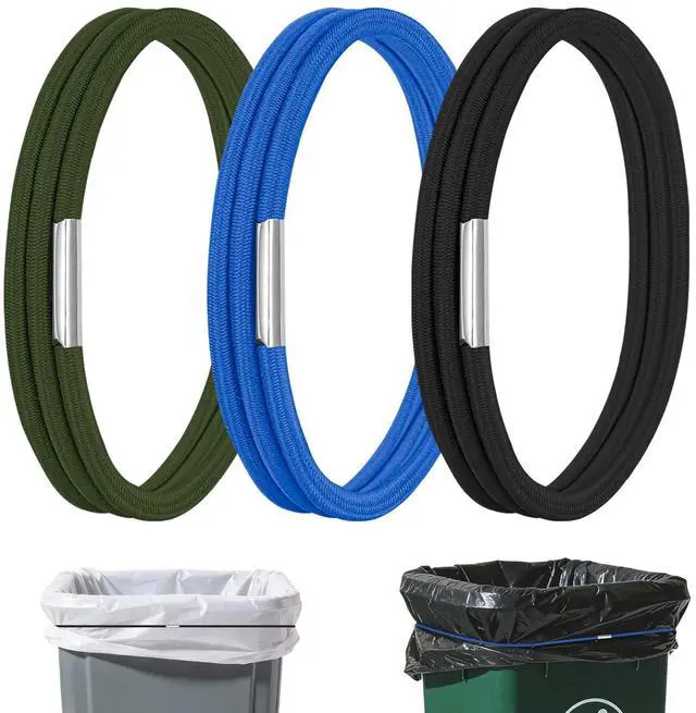 Main image of Trash Can Rubber Bands Set of 3, Heavy Duty Elastic Garbage Can Bands Fit 1330 Gallon Trash Cans, Secure Trash Bag Holder for Kitchen, Office, Garage, Litter Box (Black Blue Green)