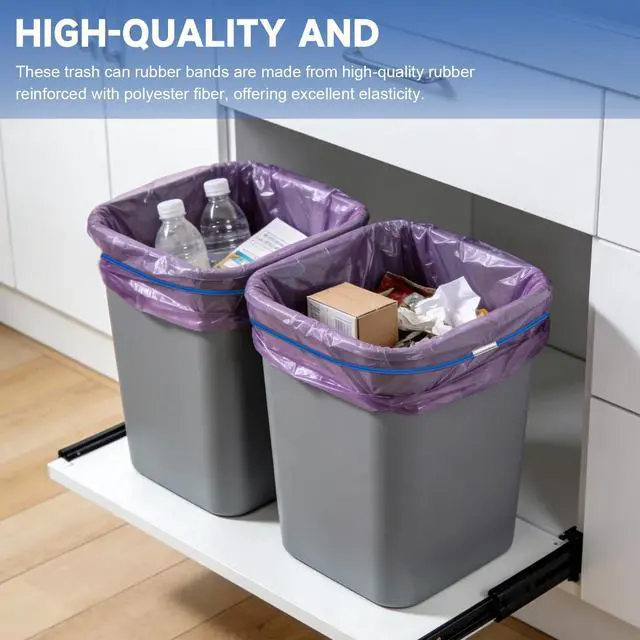 Alt view image 2 of 7 - Trash Can Rubber Bands Set of 3, Heavy Duty Elastic Garbage Can Bands Fit 1330 Gallon Trash Cans, Secure Trash Bag Holder for Kitchen, Office, Garage, Litter Box (Black Blue Green)