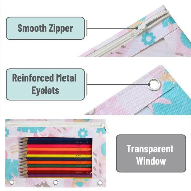 Alt view image 4 of 7 - Pencil Pouch for 3 Ring Binder, 2 Pack, 10"x6.75", Smooth Zipper | Clear Window, Large Capacity Pencil Case with 3 Reinforced Grommets for School, Office, Supplies Storage