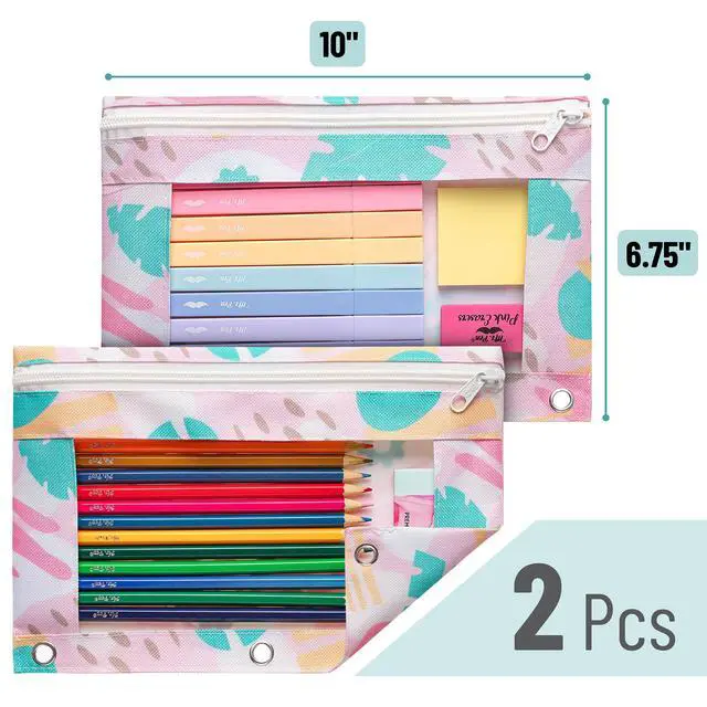 Alt view image 2 of 7 - Pencil Pouch for 3 Ring Binder, 2 Pack, 10"x6.75", Smooth Zipper | Clear Window, Large Capacity Pencil Case with 3 Reinforced Grommets for School, Office, Supplies Storage