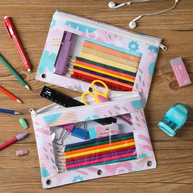 Alt view image 5 of 7 - Pencil Pouch for 3 Ring Binder, 2 Pack, 10"x6.75", Smooth Zipper | Clear Window, Large Capacity Pencil Case with 3 Reinforced Grommets for School, Office, Supplies Storage