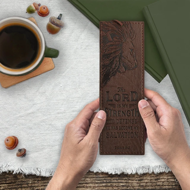 Alt view image 4 of 6 - Art Gifts Faux Leather Bookmark for Men: Lord is My Strength | Exodus 15:2 Bible Verse, Heat-Debossed, Faith-Based Reading Accessory Cord, Brown, Christian Bookmarks for Men, Friend Gifts