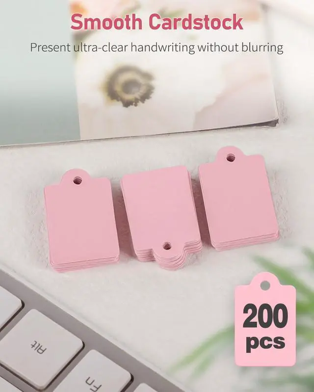 Alt view image 3 of 7 - 200 Pcs Price Tags with String Attached 1 3/8" x 7/8" Writable Pink Hang Tag String Tag for Pricing Clothing Jewelry Price Display Labels Blank Merchandise Marking Paper Label